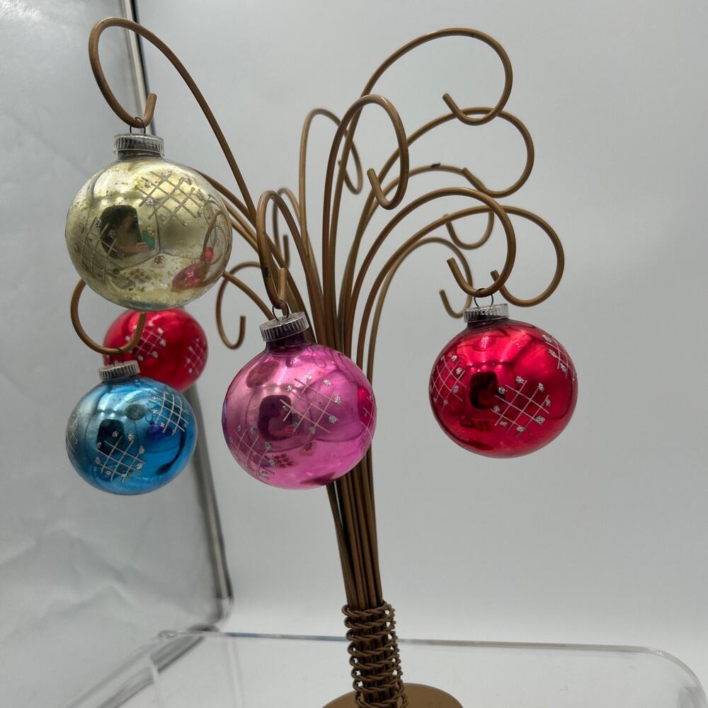 5 Vtg Blown Glass Balls Criss Cross Glitter Made in Austria Plastic Cap Xmas